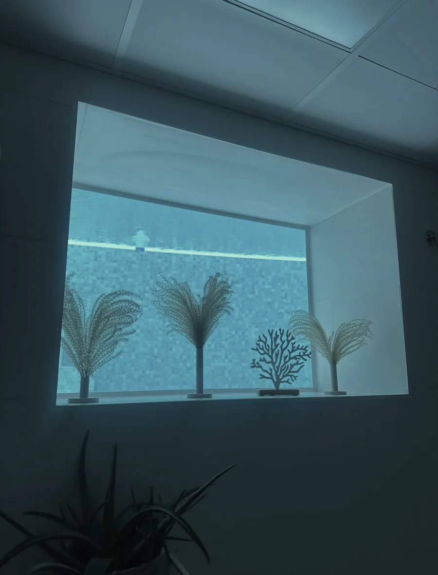 Beleuchtetes Fenster in den Pool, inszeniert als Kunstobjekt